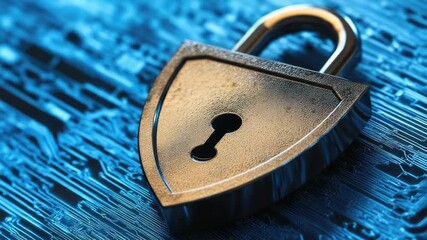 Poster - A padlock sitting on top of a circuit board, suitable for use in tech-related contexts