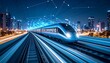 © Duit - Futuristic high-speed train at night, connected by digital network, cityscape background