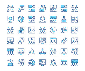 Fototapete - Online conference icons. Vector line icon set. Modern outline design. Blue concept