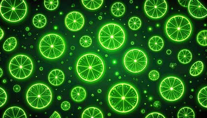Poster - Neon Green Glowing Lime Slices on Dark Green Background with Random Distribution