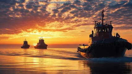 Wall Mural - two small boats floating on calm water at sunset, great for summer or travel themes