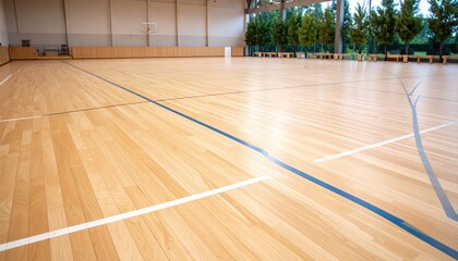Poster - Perspective Of A Wooden Gymnasium Floor Featuring Light Wood Texture With Painted Lines and Outdoor Trees View
