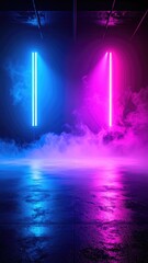 Poster - Vertical Blue And Pink Neon Lights Illuminating Misty Haze Above Reflective Floor
