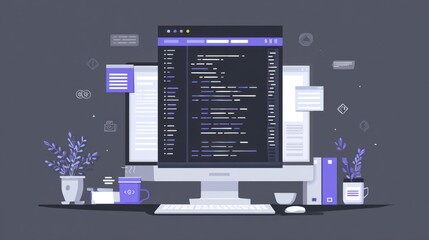 Flat design computer screen with code