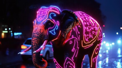 Poster - An illuminated elephant under neon lights