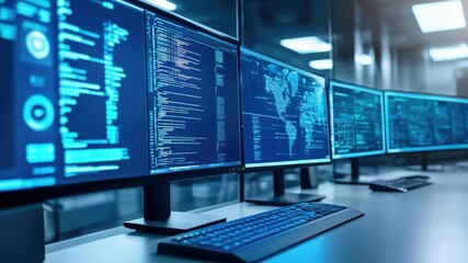 Poster - Row of computer monitors on a desk with a simple and modern setup, perfect for an office or home workspace