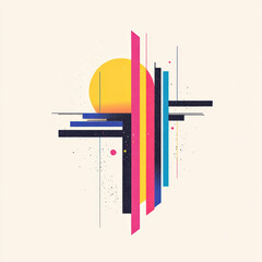 Poster - Abstract geometric composition featuring vertical and horizontal lines with bright colors including yellow, pink, blue, and black on a light background.
