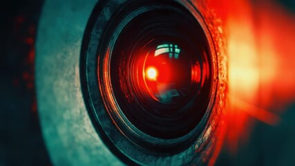 Poster - A close-up view of a camera lens with a bright red light shining through, ideal for photography and camera-related concepts