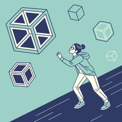 Aufkleber - A modern illustration depicts a woman interacting with floating geometric cubes, symbolizing exploration of virtual reality and innovative concepts