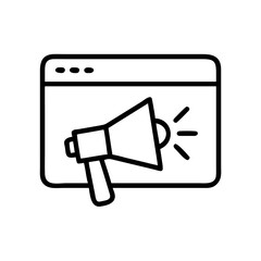 Poster - A megaphone on a screen represents online announcements and digital communication strategies for marketing needs