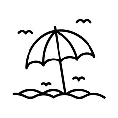 Poster - A simple outline drawing of a beach umbrella with birds flying over the ocean waves scene design