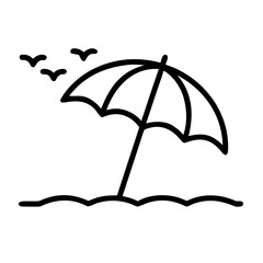 Poster - Simple line drawing of a beach scene with umbrella and birds flying in the sky on a sunny day scene