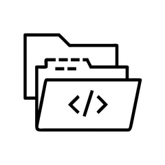 Poster - Outline graphic of open file folders with a code symbol on the frontmost folder icon design element