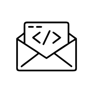 Open envelope containing a card with angle brackets and short lines on the top edge shown