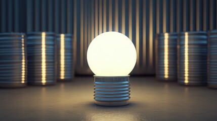 Poster - Bright Light Bulb on Metal Base in Soft Golden Lighting Environment