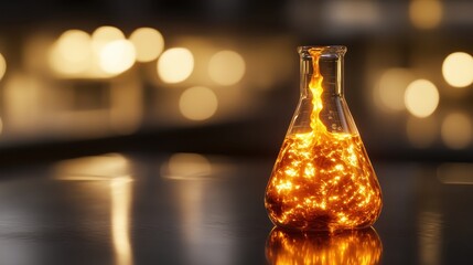 Poster - Bright Orange Liquid in Glass Flask with Sparkling Bokeh Background