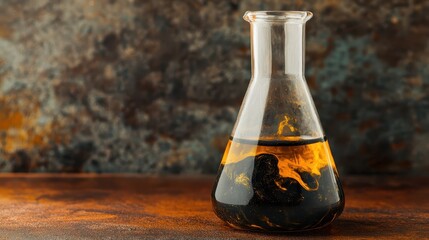 Poster - Colorful Liquid Experiment in Glass Flask on Rustic Background