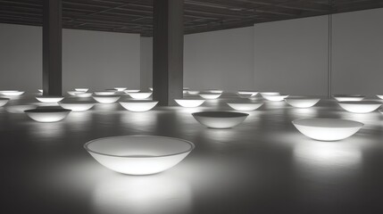 Poster - Contemporary Art Installation with Illuminated Bowls in Gallery Space