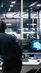 Poster - Vertical video Programmer entering server room office, using AI to review infrastructure diagnostics. IT admin in data center high tech facility analyzes performance data using artificial intelligence