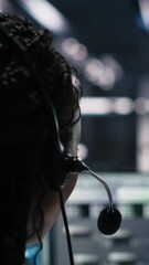 Poster - Vertical video Data center admin using AI assistant to provide user technical support and solutions to users. Server farm IT expert managing live support calls assisted by artificial intelligence