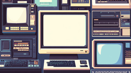 Fototapete - A collection of empty pixel-style computer screens and UI templates featuring vintage open PC windows with blank interfaces. Presented as a vector illustration.