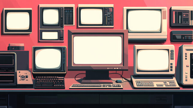 A collection of empty pixel-style computer screens and UI templates featuring vintage open PC windows with blank interfaces. Presented as a vector illustration.