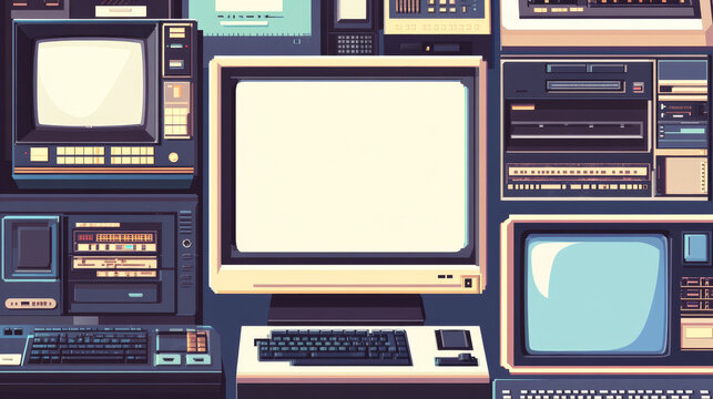 A collection of empty pixel-style computer screens and UI templates featuring vintage open PC windows with blank interfaces. Presented as a vector illustration.
