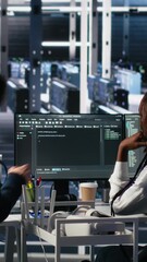 Fototapete - Vertical video Server room system administrators using AI to review infrastructure diagnostics. IT professionals in data center analyzing performance data using artificial intelligence technology
