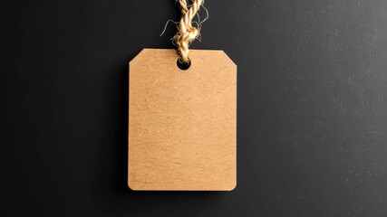 Fototapete - Blank Tag on Black Backdrop: A plain brown paper tag, delicately suspended, offers a simple, minimalist aesthetic, perfect for showcasing design, with a sleek, textured backdrop.