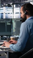 Poster - Vertical video Data center admin using AI assistant to provide user technical support and solutions to users. Server farm IT expert managing live support calls assisted by artificial intelligence