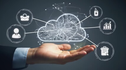 Fototapete - Cloud computing technology and data storage for digital network innovation business futuristic hand connection, security, and modern information with glowing virtual cloud icon, abstract