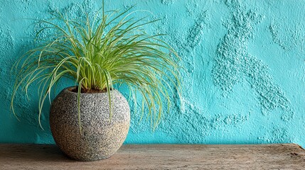 Poster - Light green grass plant in a decorative gray pot against a turquoise wall.