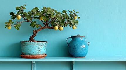 Poster - Bonsai tree in a teal pot on a light teal shelf with a blue pitcher.