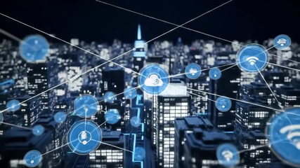 Poster - Futuristic cityscape at night with glowing blue digital icons and lines representing cloud computing, wireless connectivity, smart technology, digital network, and urban innovation infrastructure