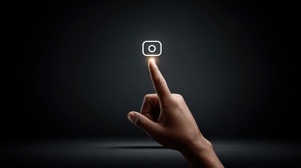 Poster - User hand reaching for log out icon on a smart TV remote interface, illustrating smart home technology.