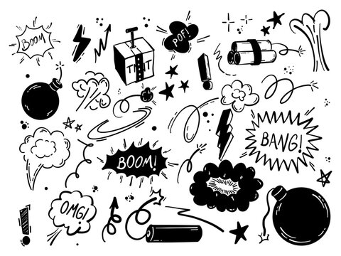 Comic cartoon effect hand drawing bomb boom vector element. Cartoon explosion bomb effect, splash, exclamation smoke element. Doodle style hand drawn text boom, bam, omg
