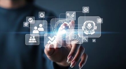 Poster - A person interacting with a digital interface showing various business related icons and connections