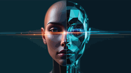 Poster - Digital art depiction of human and robotic fusion with futuristic data streams.