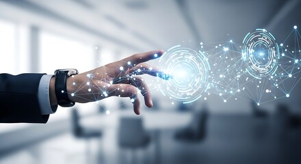 Aufkleber - A hand interacting with digital holographic interface in a bright modern office environment setting