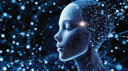 Poster - Digital representation of a futuristic ai humanoid portrait showing neural network activity.