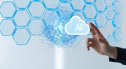 Poster - A hand interacting with a cloud ai symbol surrounded by a network of hexagons on a white background