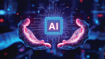 Poster - Futuristic ai concept with glowing hands embracing a central processing unit and artificial intelligence.