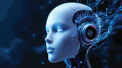 Poster - Futuristic artificial intelligence portrait illustration featuring a humanoid robot with integrated circuitry.