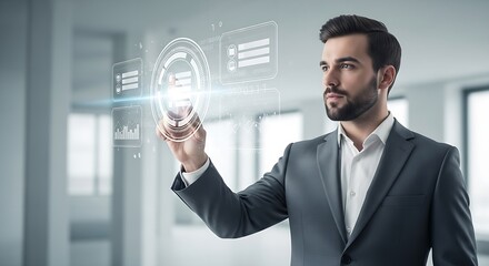 Aufkleber - Businessman interacting with futuristic interface in office environment with digital display
