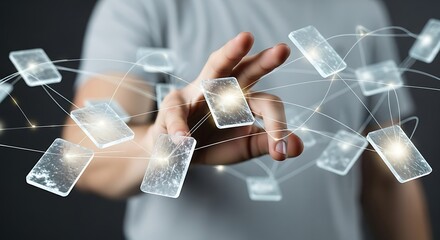 Poster - A hand reaching out to translucent cards connected by glowing lines in a dark background