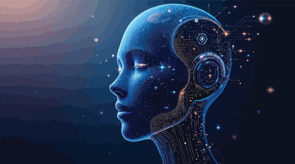 Poster - Futuristic artificial intelligence portrait of a woman with circuitry and stars.