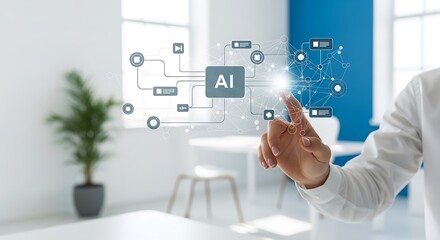 Poster - Person interacting with ai interface in bright office with plant and white furniture visible