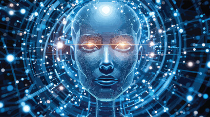 Poster - Futuristic digital portrait of a cybernetic being with glowing eyes and glowing circuitry.