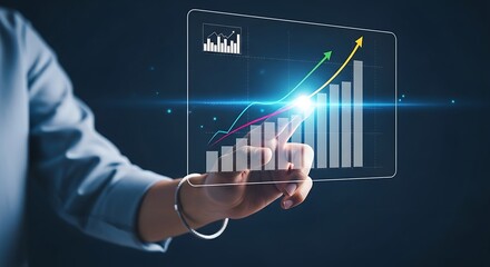 Aufkleber - Person interacting with a transparent screen displaying a financial graph and upward trending arrows