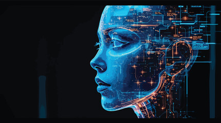 Poster - Futuristic digital portrait of a woman with ai integrated circuitry and glowing details.